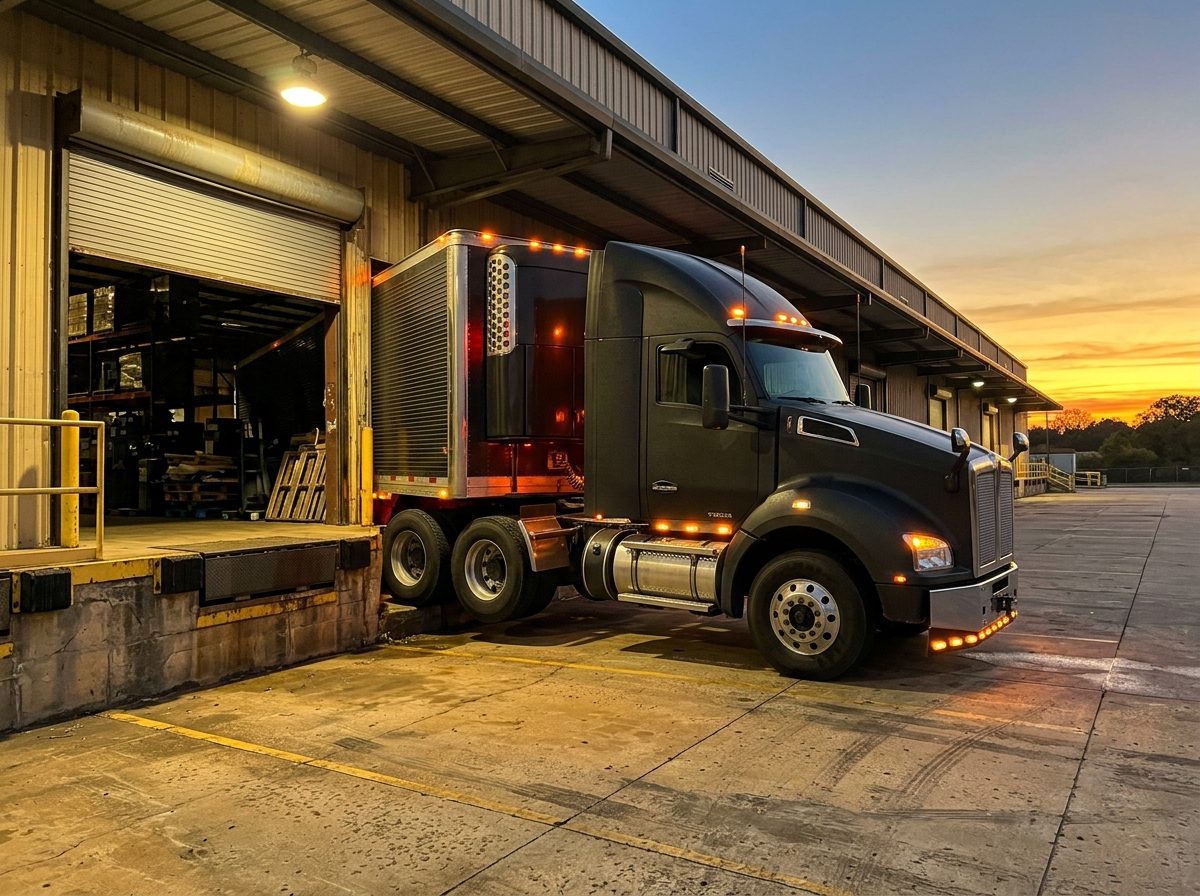 A charcoal semi-truck backed into a loading dock at dawn, amber marker lights glowing